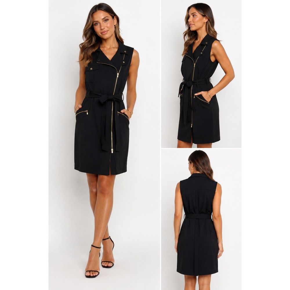 Calvin Klein Moto Utility Dress Size 10 Belted Gold Zipper,Pockets, Sleeveless